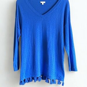 Talbots Blue V-Neck Tassel Hem Lightweight Sweater L Cotton Blend Boho Fringe